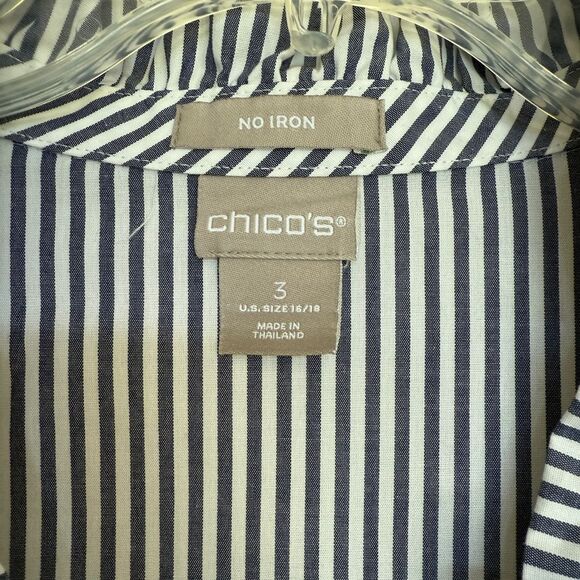 Chico’s Size 3 Striped Ruffled V-Neck Long Sleeve Hidden Button Blouse No Iron. - Picture 3 of 7